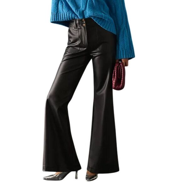 Anthropologie Maeve Women's the Naomi Faux Leather Wide-Leg Flare Pants Black